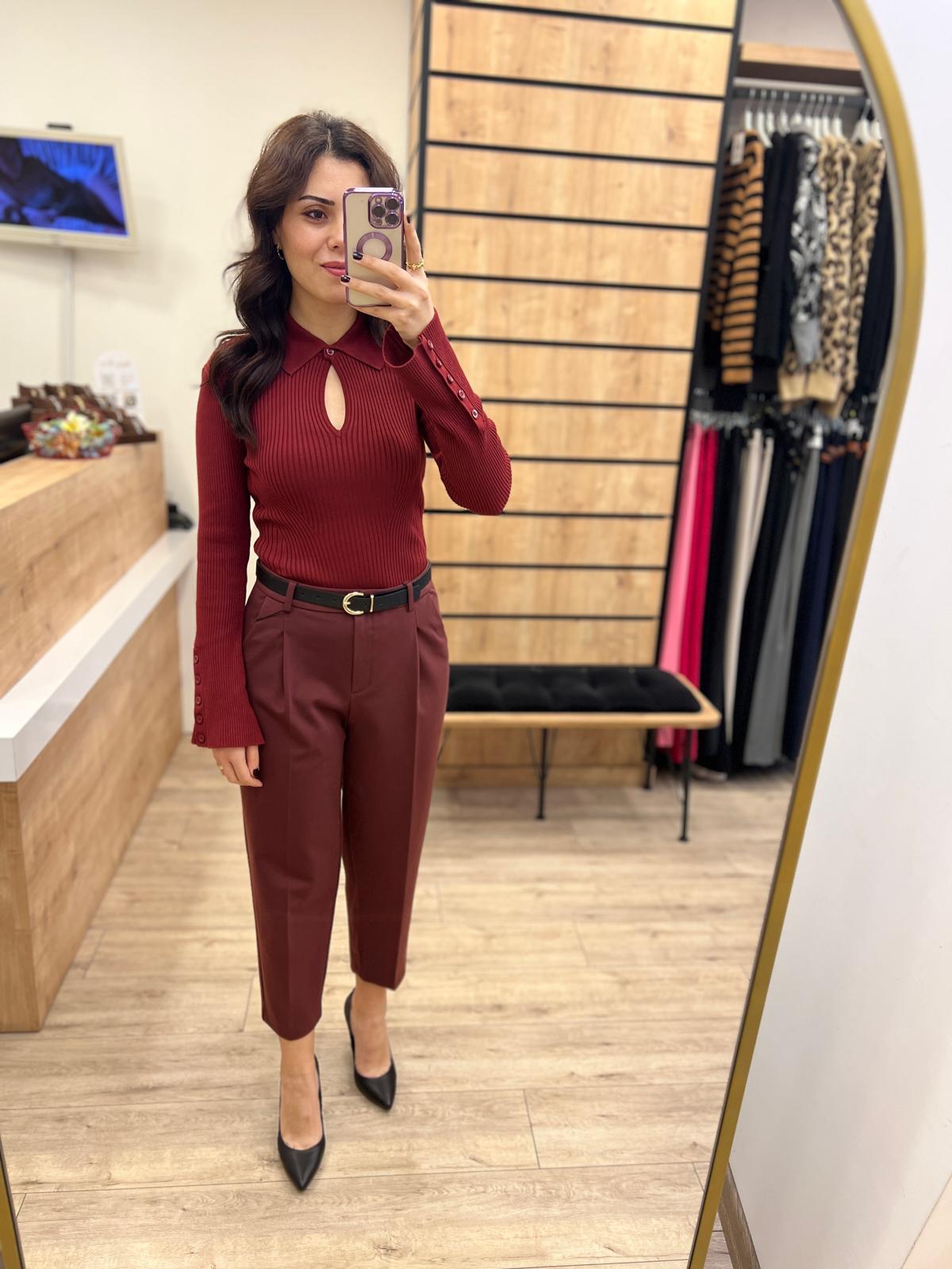 Bordo Havuç Kemerli Fit Pantolon