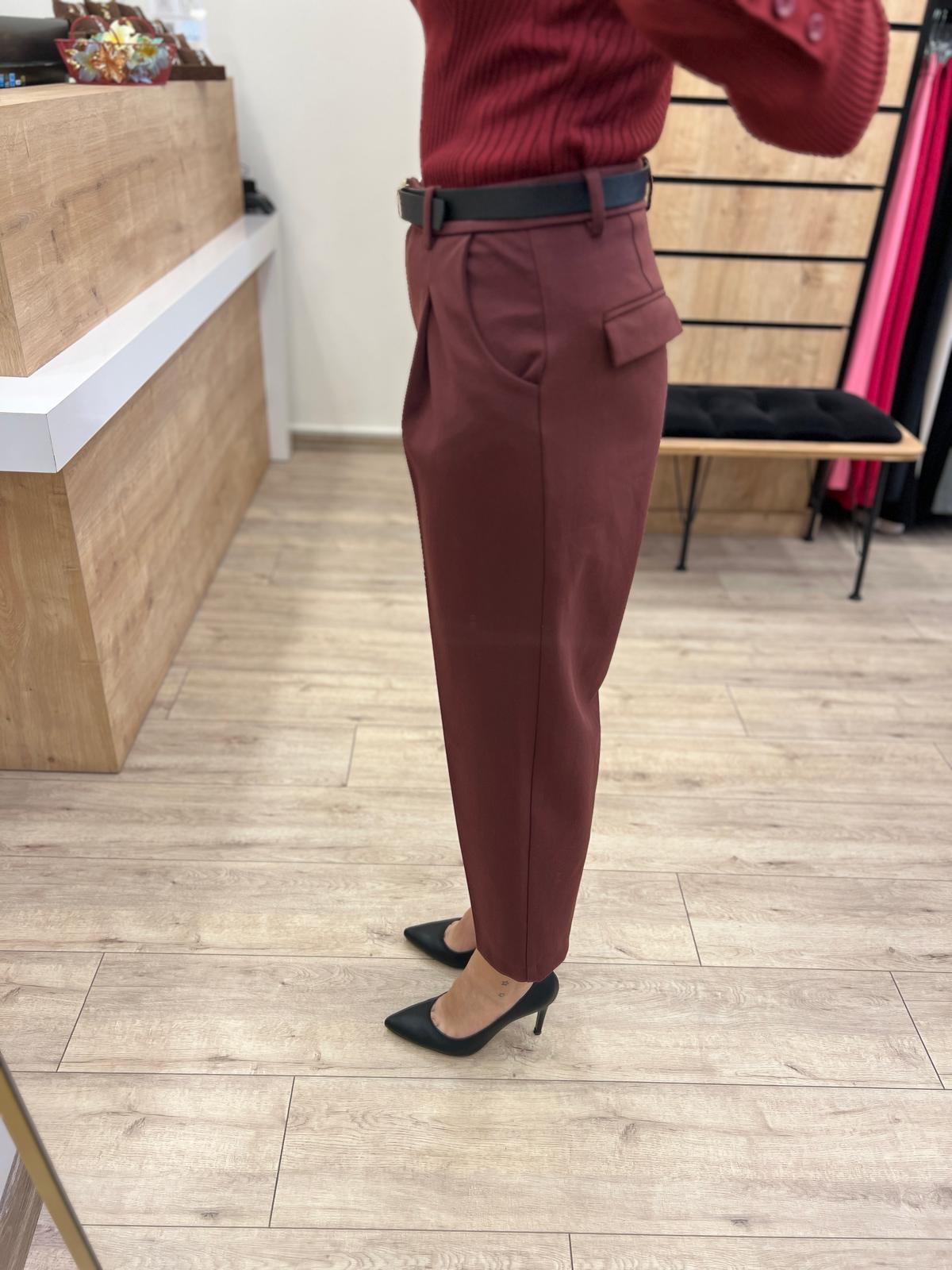 Bordo Havuç Kemerli Fit Pantolon