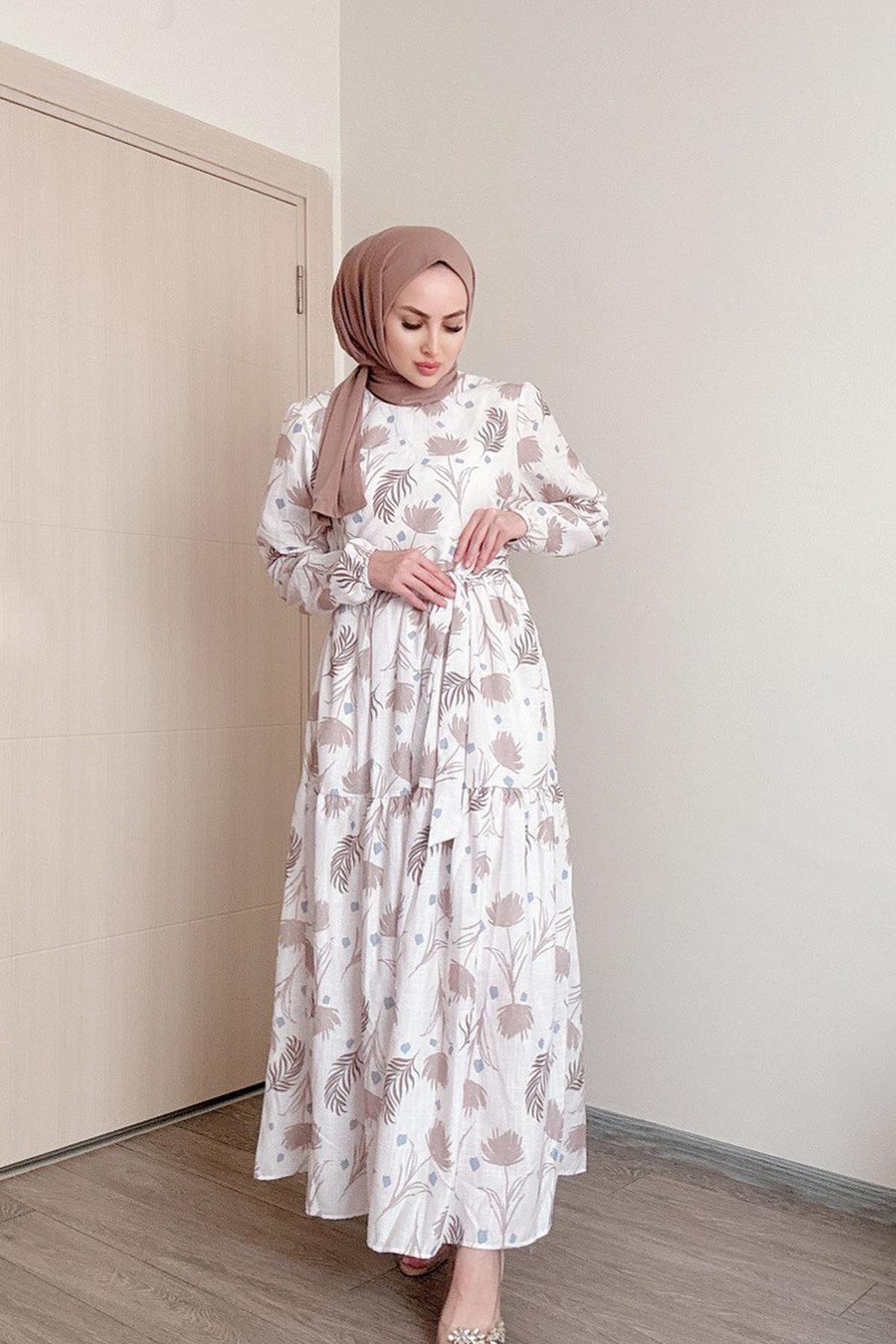 Sayra Shawl kadın bej çiçek desenli tesettür elbise SYR010