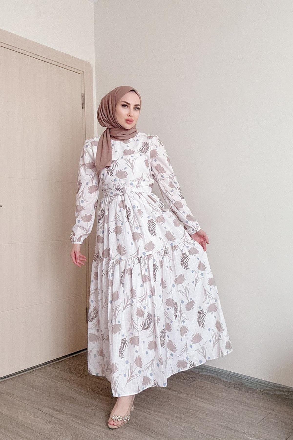 Sayra Shawl kadın bej çiçek desenli tesettür elbise SYR010