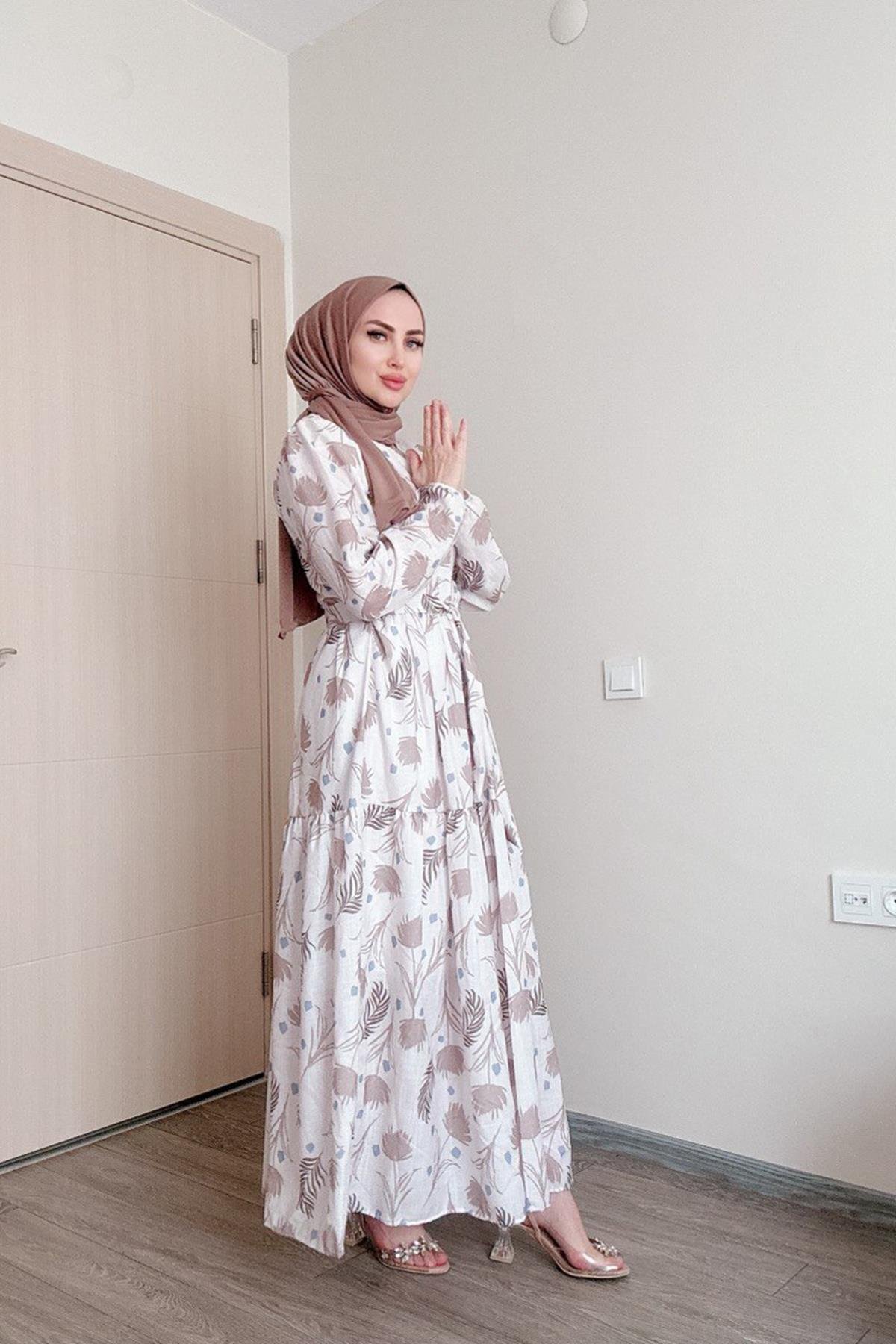 Sayra Shawl kadın bej çiçek desenli tesettür elbise SYR010