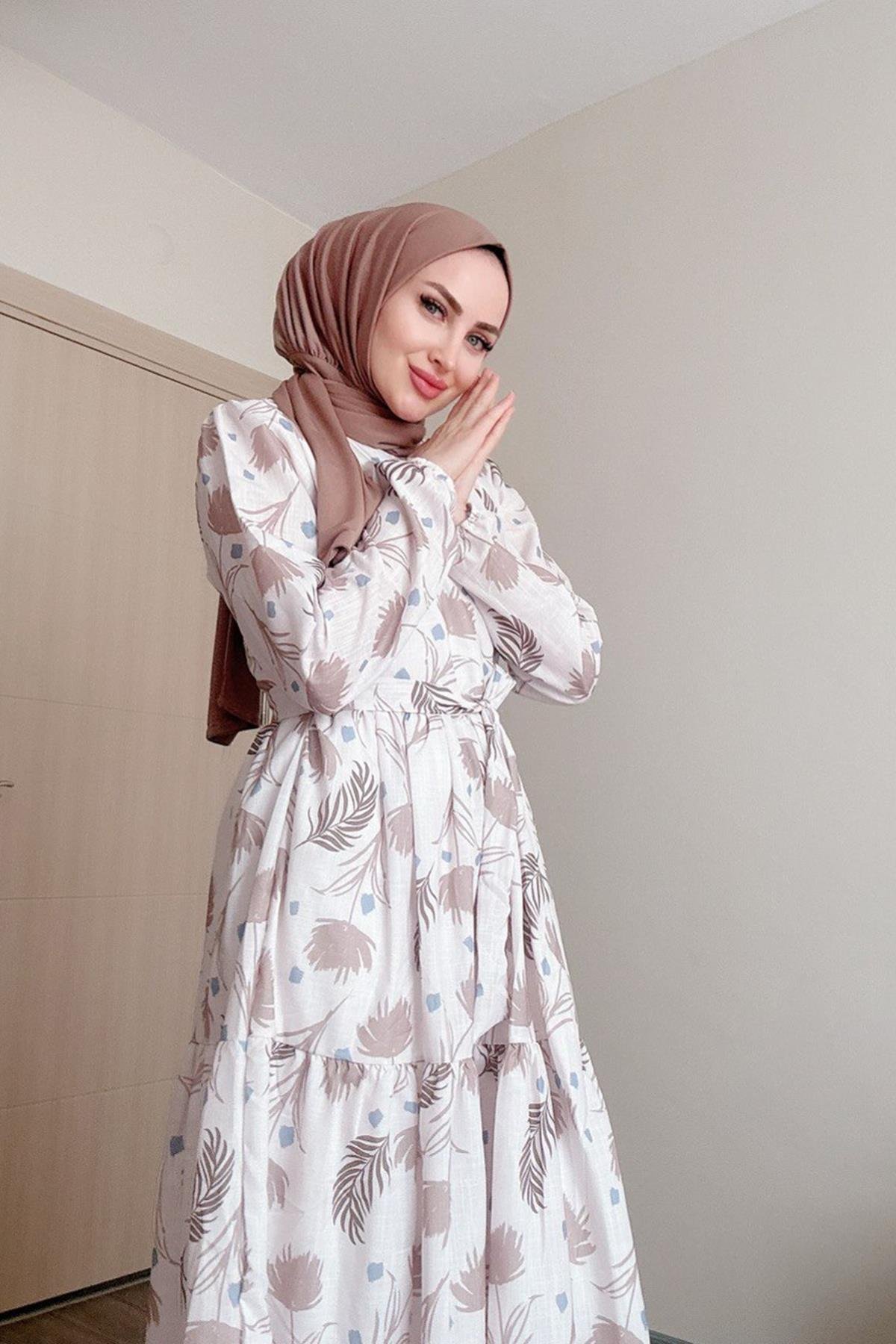 Sayra Shawl kadın bej çiçek desenli tesettür elbise SYR010
