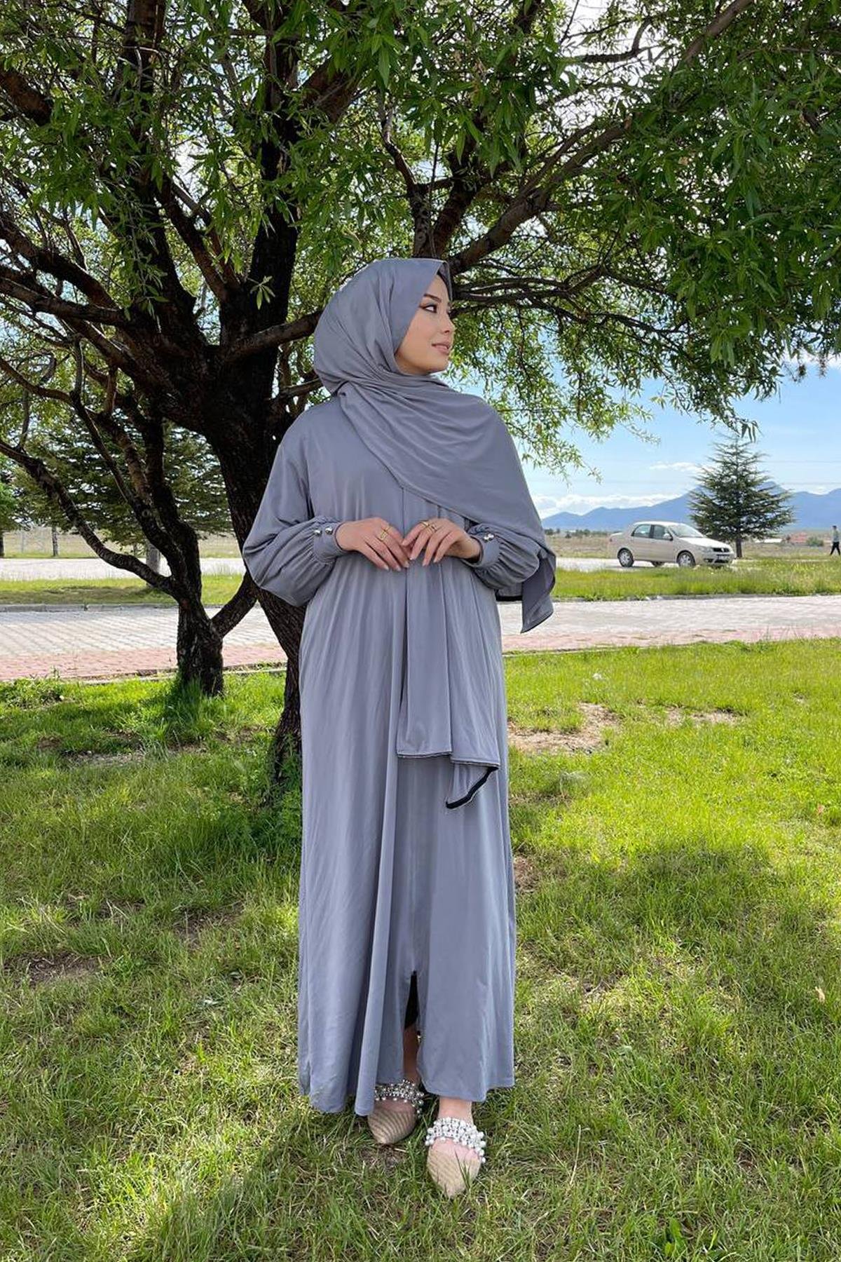 Sayra Shawl Kadın gri şallı ferace