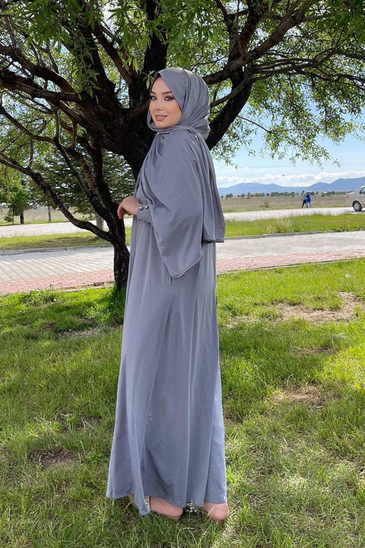 Sayra Shawl Kadın gri şallı ferace