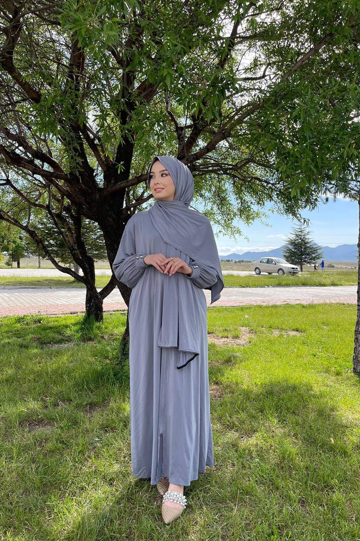 Sayra Shawl Kadın gri şallı ferace