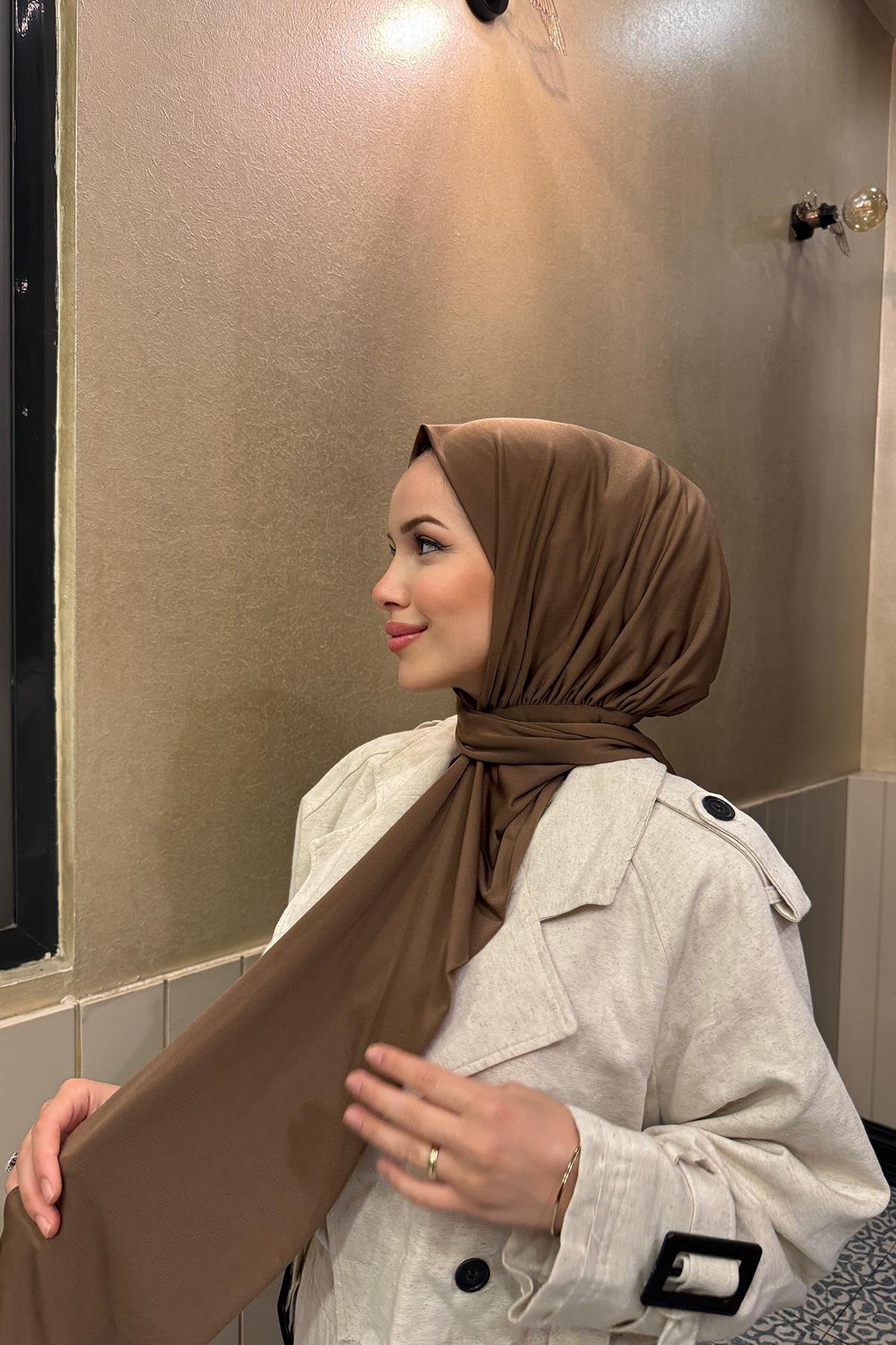 Sayra shawl kadın karamel sandy kumaş hazır şal 