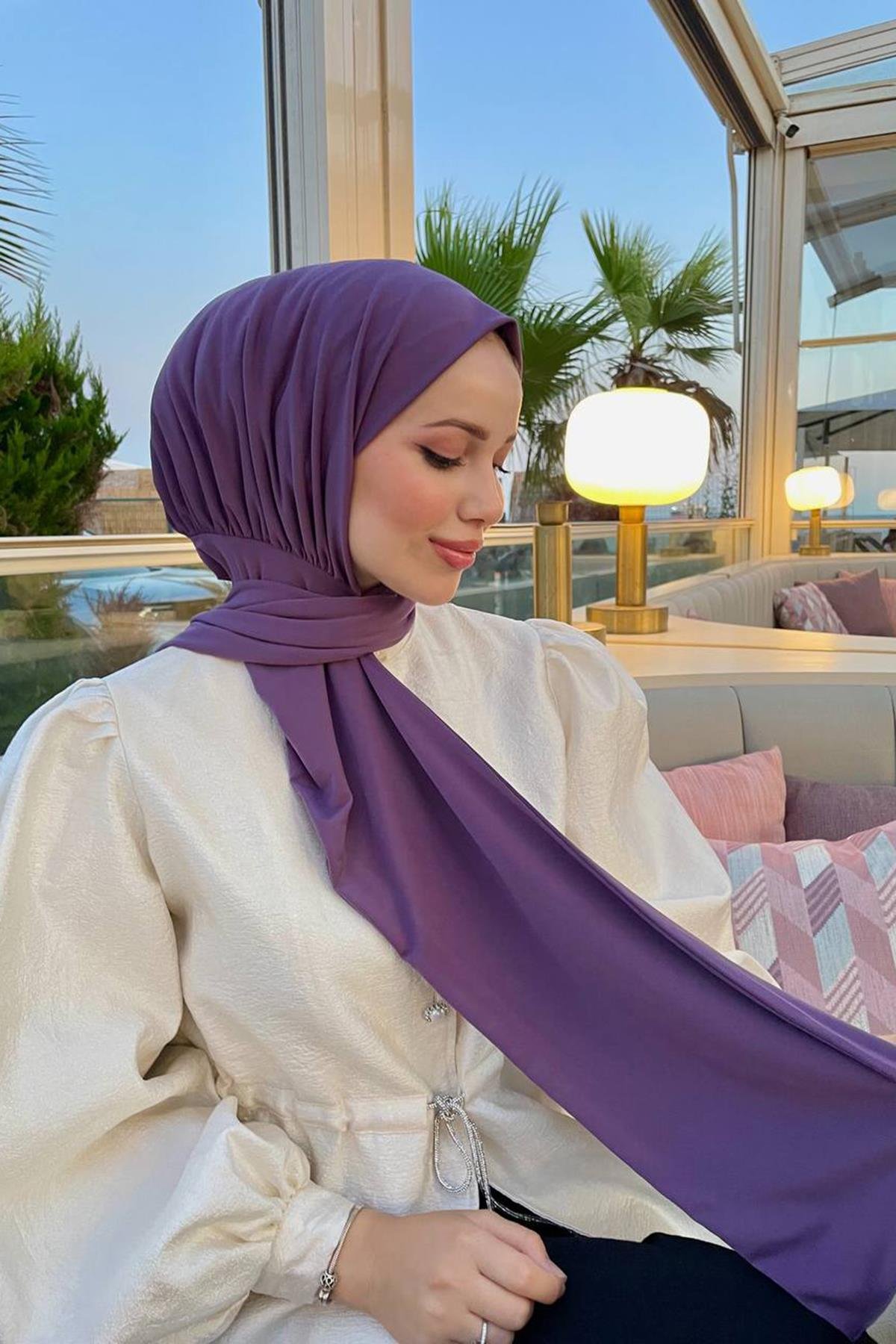 Sayra Shawl kadın lavanta çıtçıtlı hazır şal 