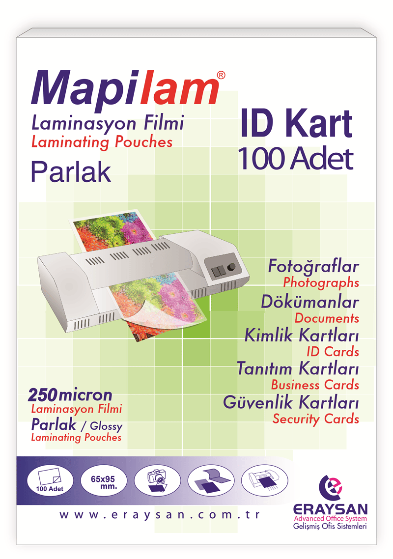 MAPİLAM 250 MİCRON PARLAK LAMİNASYON FİLMİ (ID KART) (65X95) 100 LÜ
