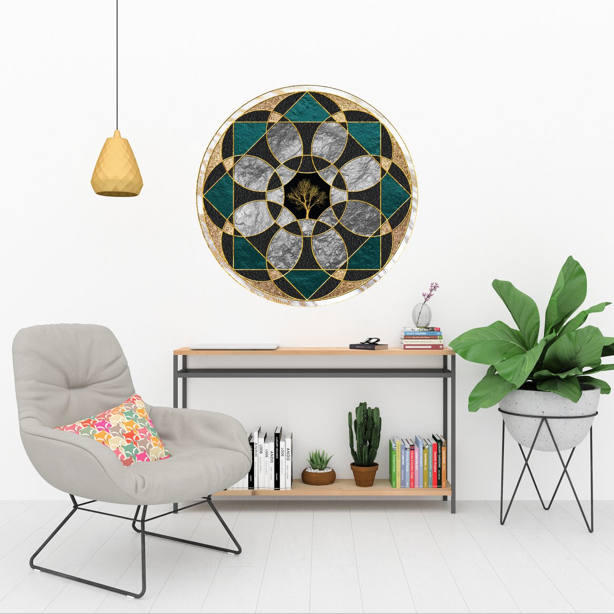 Modern Geometrik Şekiller ve Sarı Ağaç Yuvarlak Sticker, Yuvarlak Şekilli Duvar Stickerı, Vitray Tarzı Duvar Dekoru