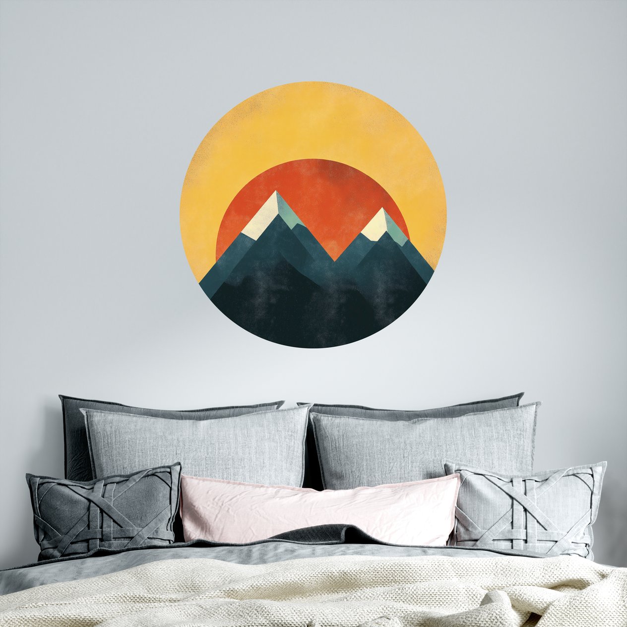 Soyut Dağ ve Minimal Dağ Yuvarlak Sticker, Yuvarlak Şekilli Sticker, Bohem Renklerde Duvar Dekoru