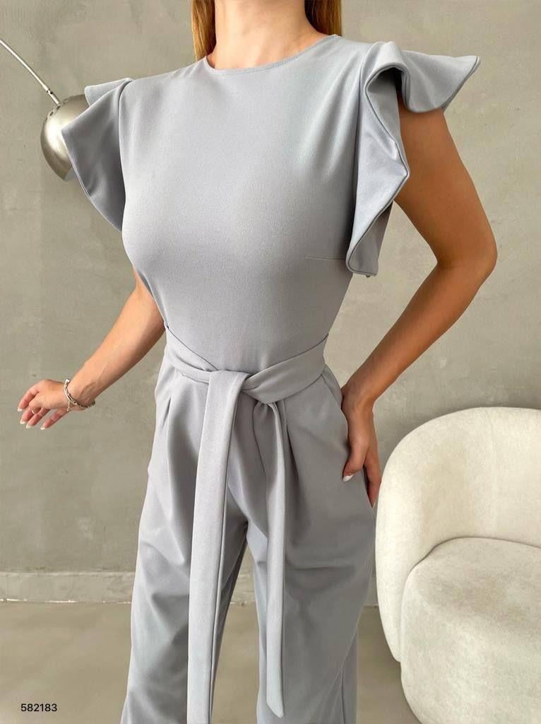  Kolları Fırfırlı Yuvarlak Yaka Kuşaklı Cepli Trend Tulum 582183 Gri