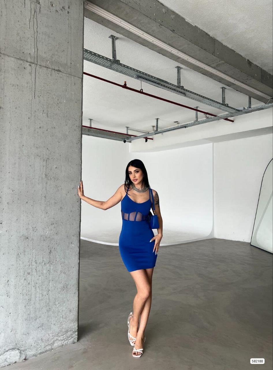 Bel Detaylı İnce Askılı Mini Elbise Saks 582188
