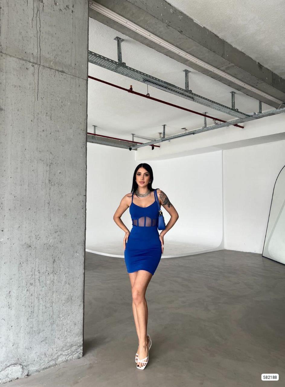 Bel Detaylı İnce Askılı Mini Elbise Saks 582188