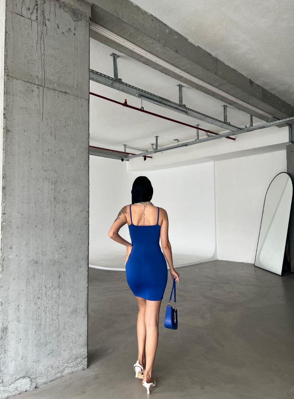 Bel Detaylı İnce Askılı Mini Elbise Saks 582188