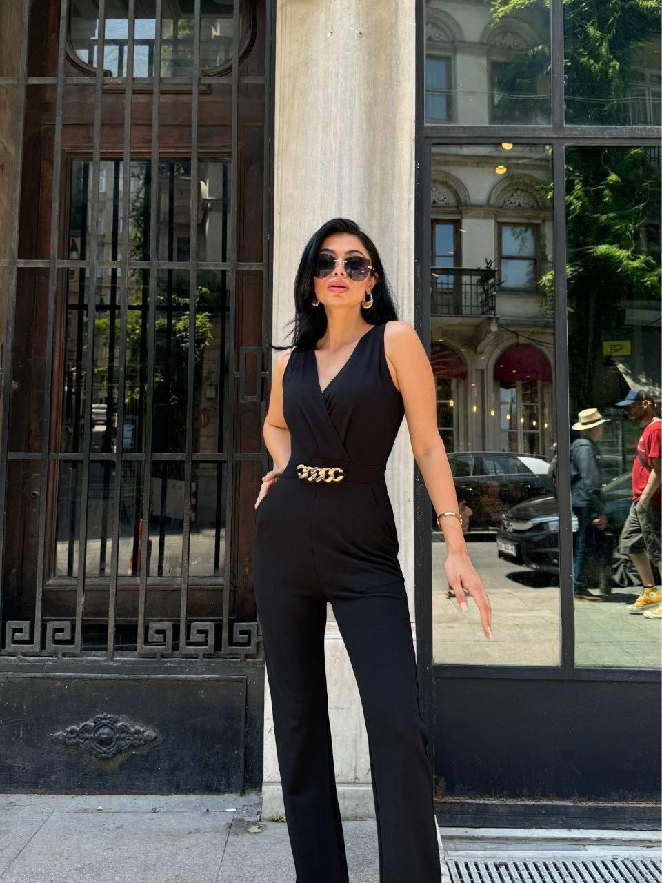 İthal Krep Kumaş Zincir Detaylı Tulum 582407 Siyah