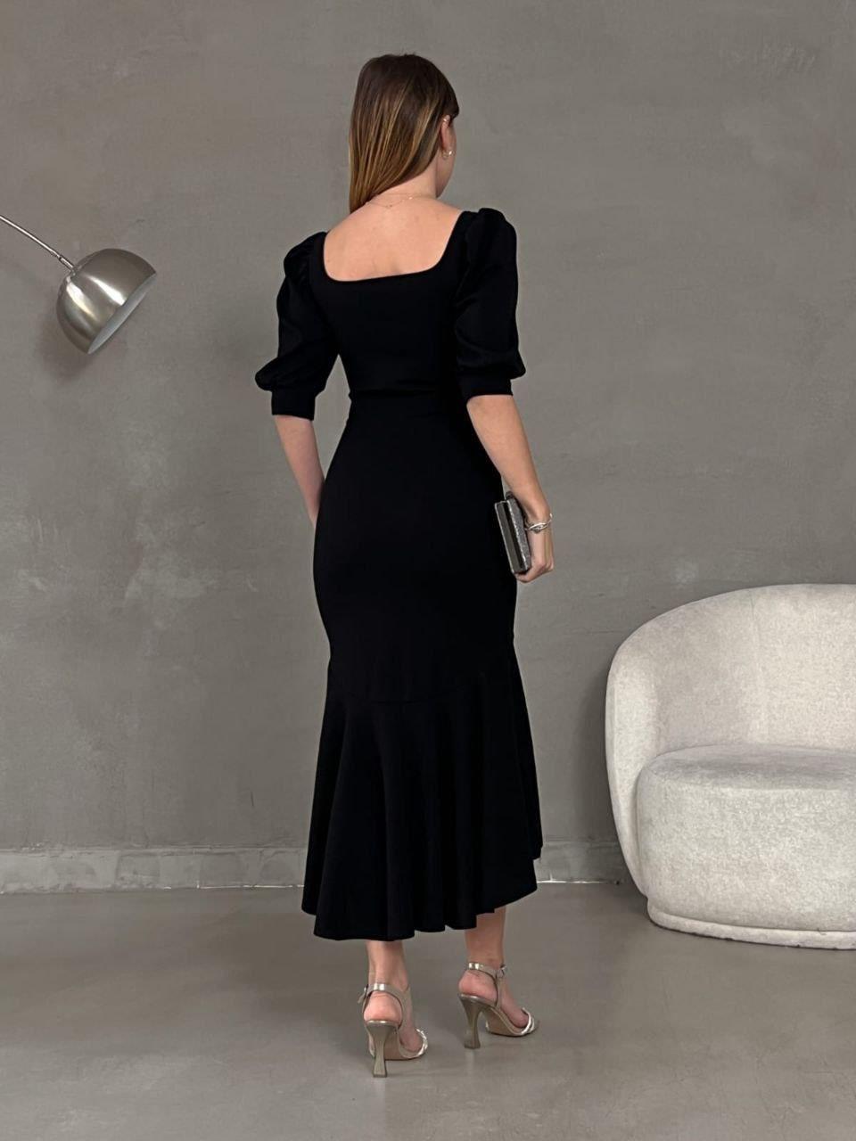 Kare Yaka Eteği Fırfır Detay Midi Boy Abiye 582788 Siyah