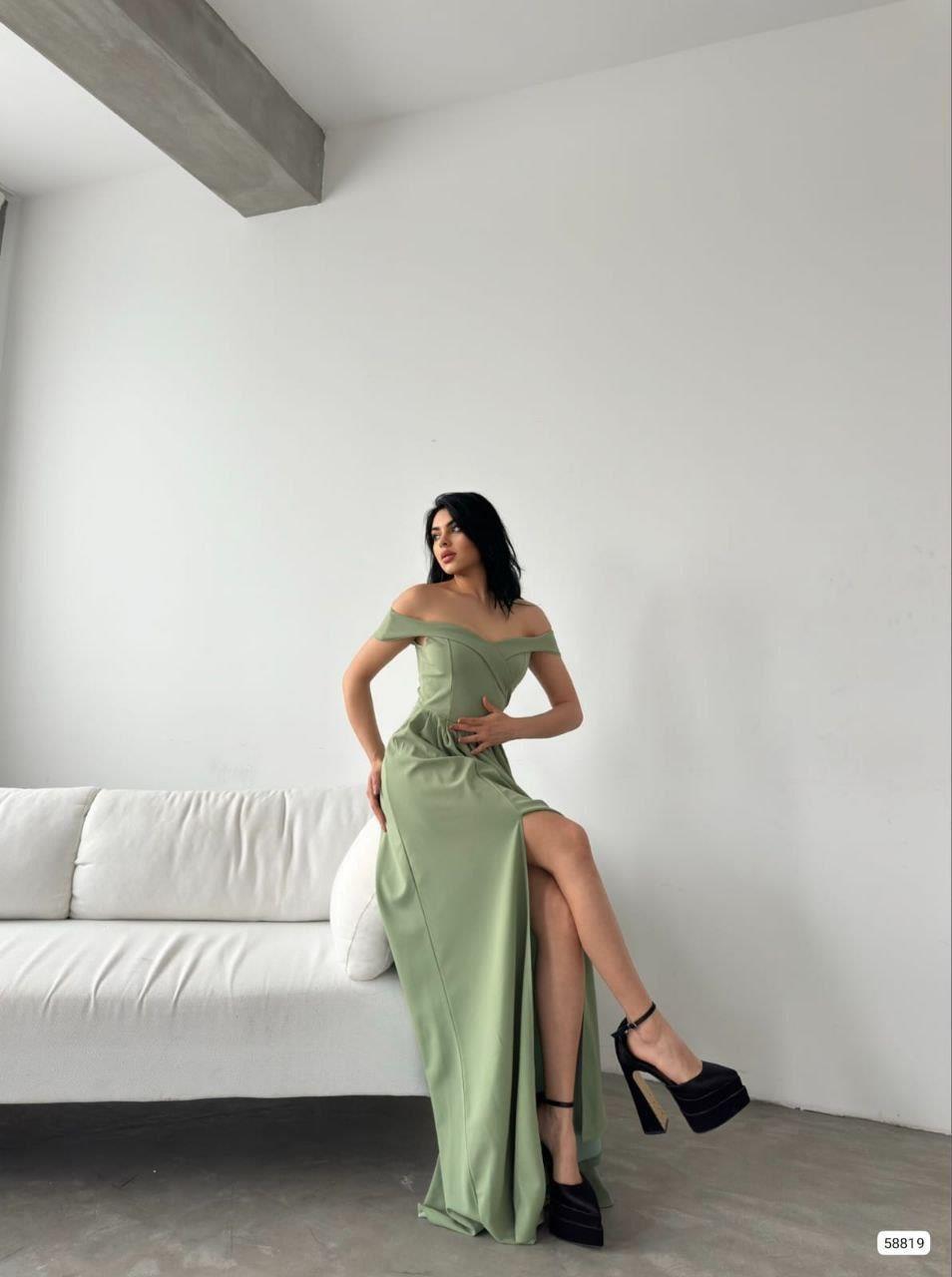 Kayık Yaka Yırtmaçlı Uzun Abiye Elbise 58819 Mint