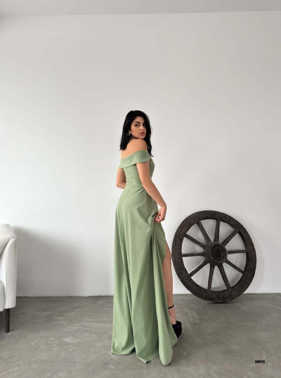 Kayık Yaka Yırtmaçlı Uzun Abiye Elbise 58819 Mint