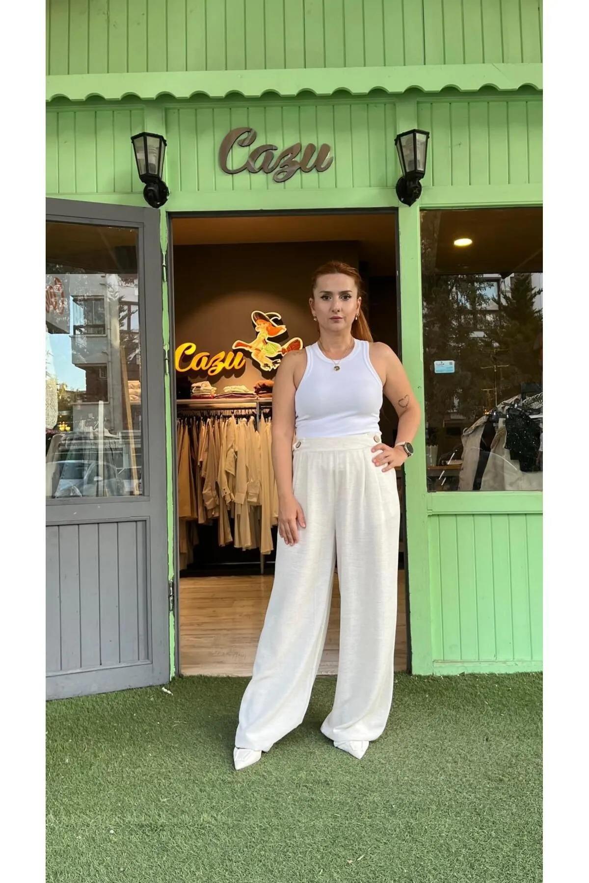 Düğme Detaylı Keten Pantolon