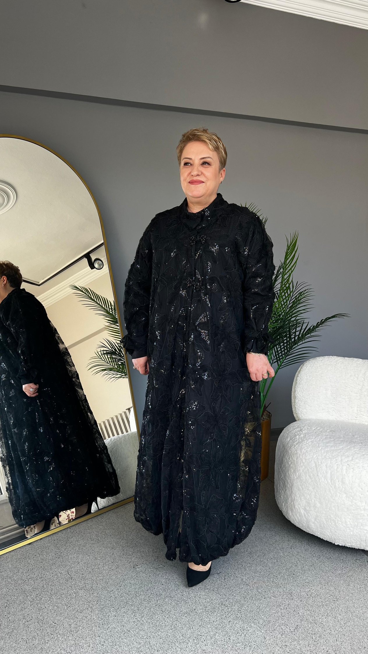 Selma Büyük Beden Gümüş Pul Detaylı Pardesü