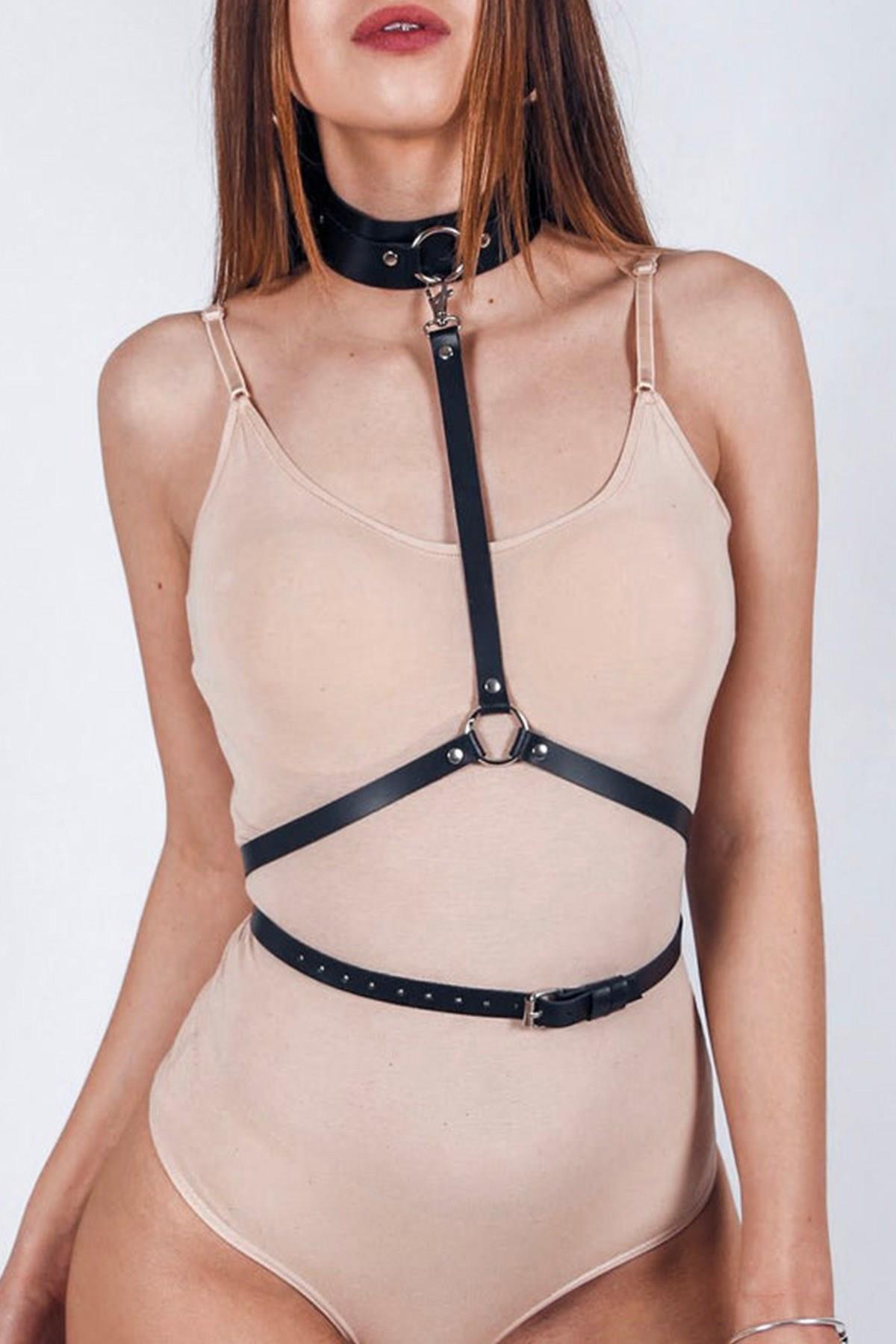 Boyun Tasmalı Fantazi Deri Harness 1124