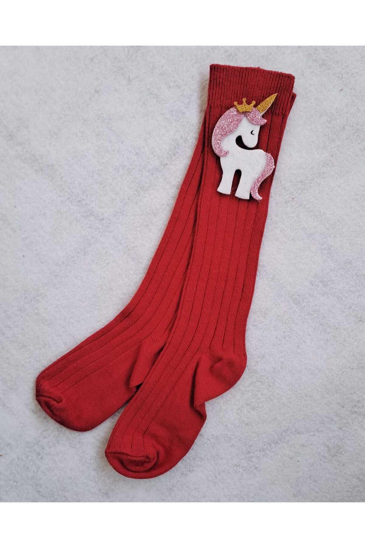Çocuk Unicorn Figürlü Diz Altı Kırmızı Çorap