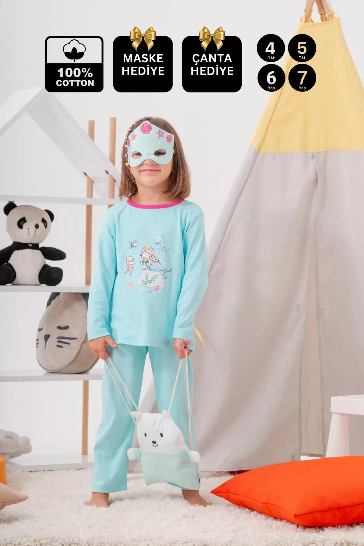 Deniz Kızı Desenli Çanta Ve Maskeli % 100 Pamuk Kız Çocuk Pijama Takımı