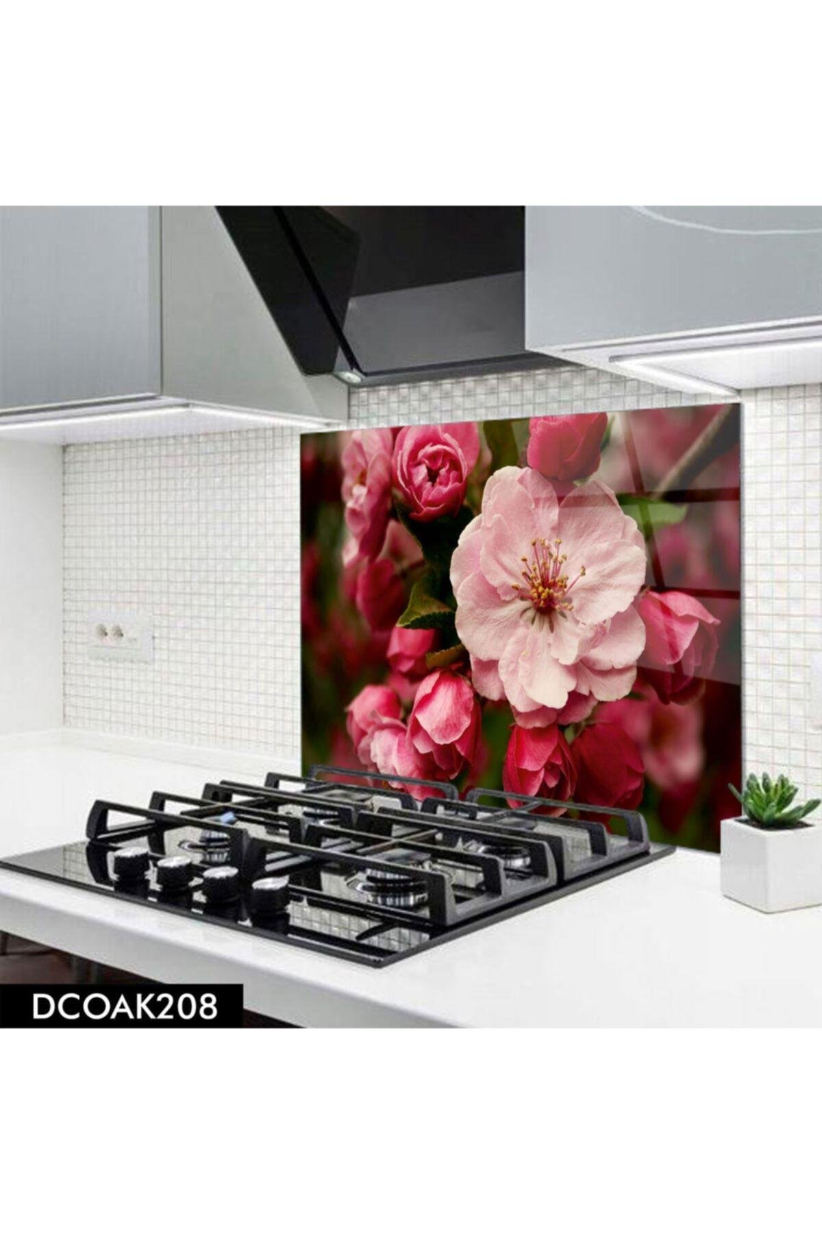 Disegno Cam Ocak Arkası Koruyucu | Pembe Beyaz Çiçek