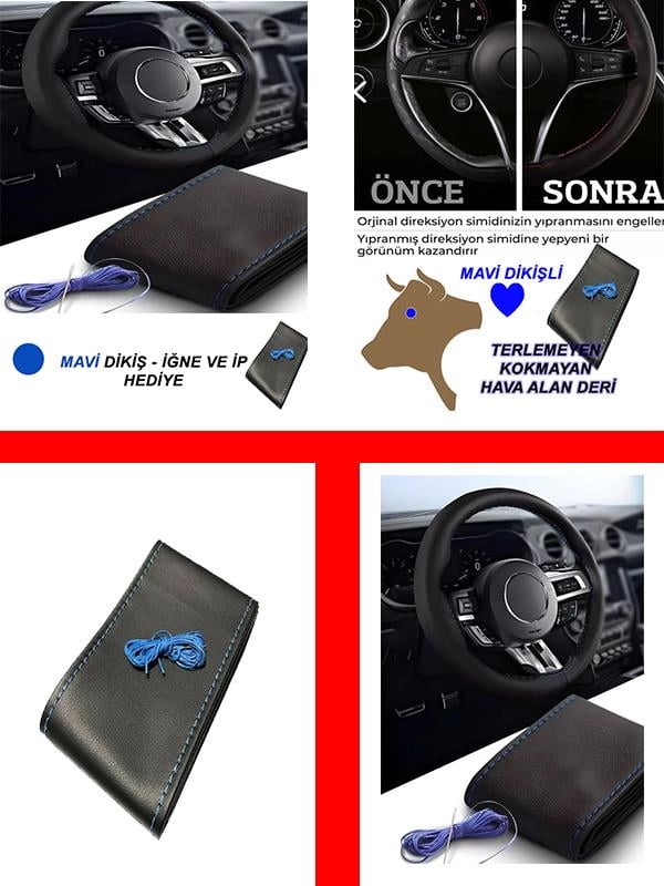FIAT  500 Uyumlu Oto,Araba  direksiyon kılıfı mavi dikiş