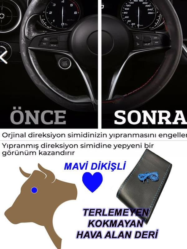 FIAT PALIO Uyumlu Oto,Araba  direksiyon kılıfı mavi dikiş