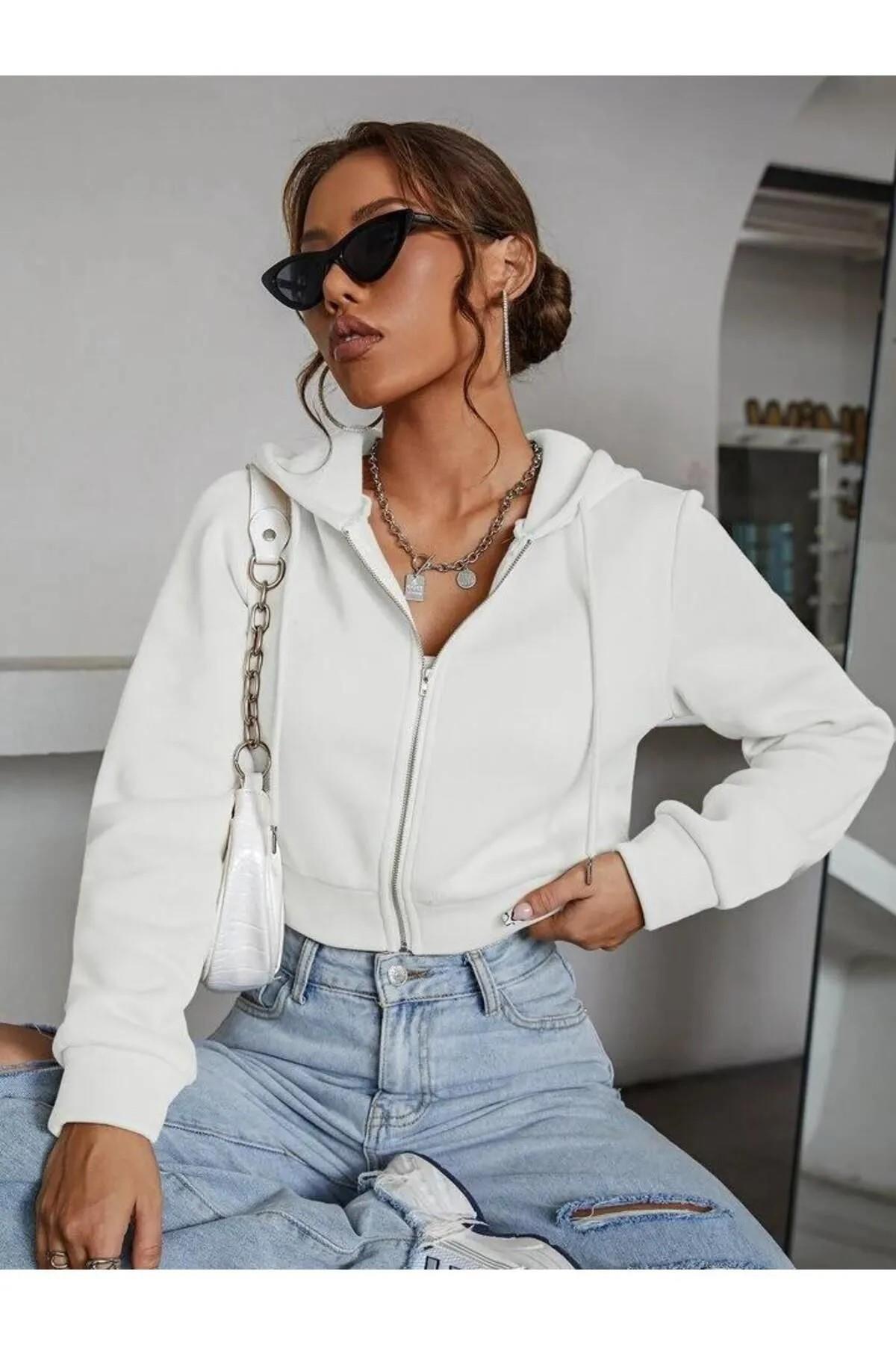Kadın Sweatshirt 3 Iplik Kapşonlu Crop Sweatshirt