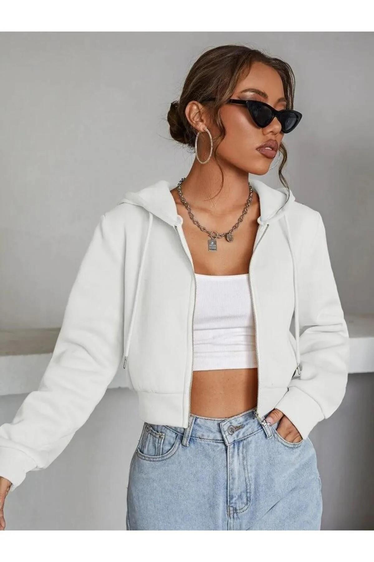 Kadın Sweatshirt 3 Iplik Kapşonlu Crop Sweatshirt