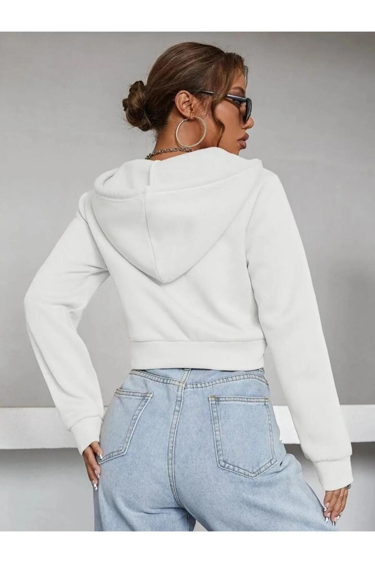 Kadın Sweatshirt 3 Iplik Kapşonlu Crop Sweatshirt