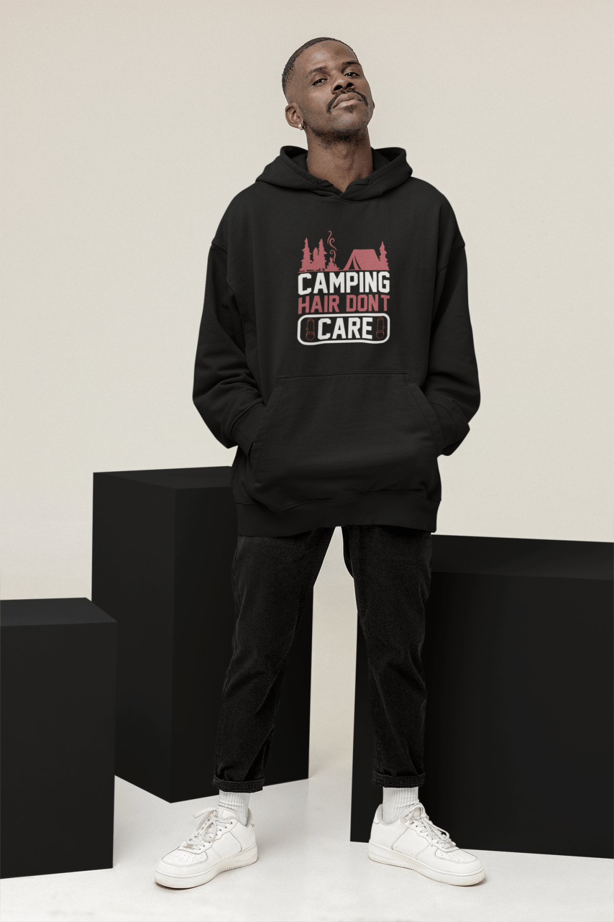 Kapüşonlu Oversize Siyah Sweatshirt - Baskılı Hoodie - Camping Hair Dont Care - S Beden
