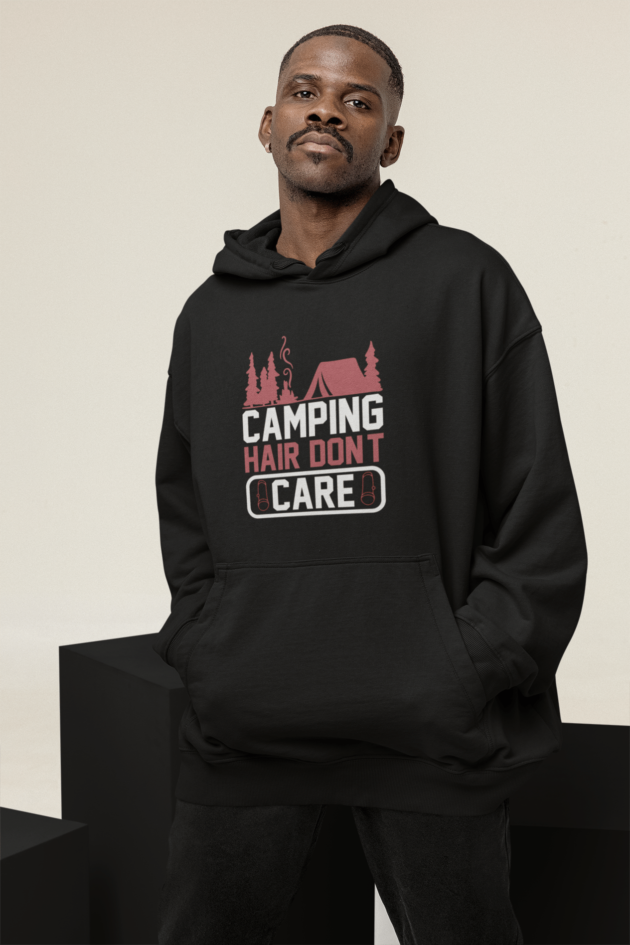 Kapüşonlu Oversize Siyah Sweatshirt - Baskılı Hoodie - Camping Hair Dont Care - S Beden