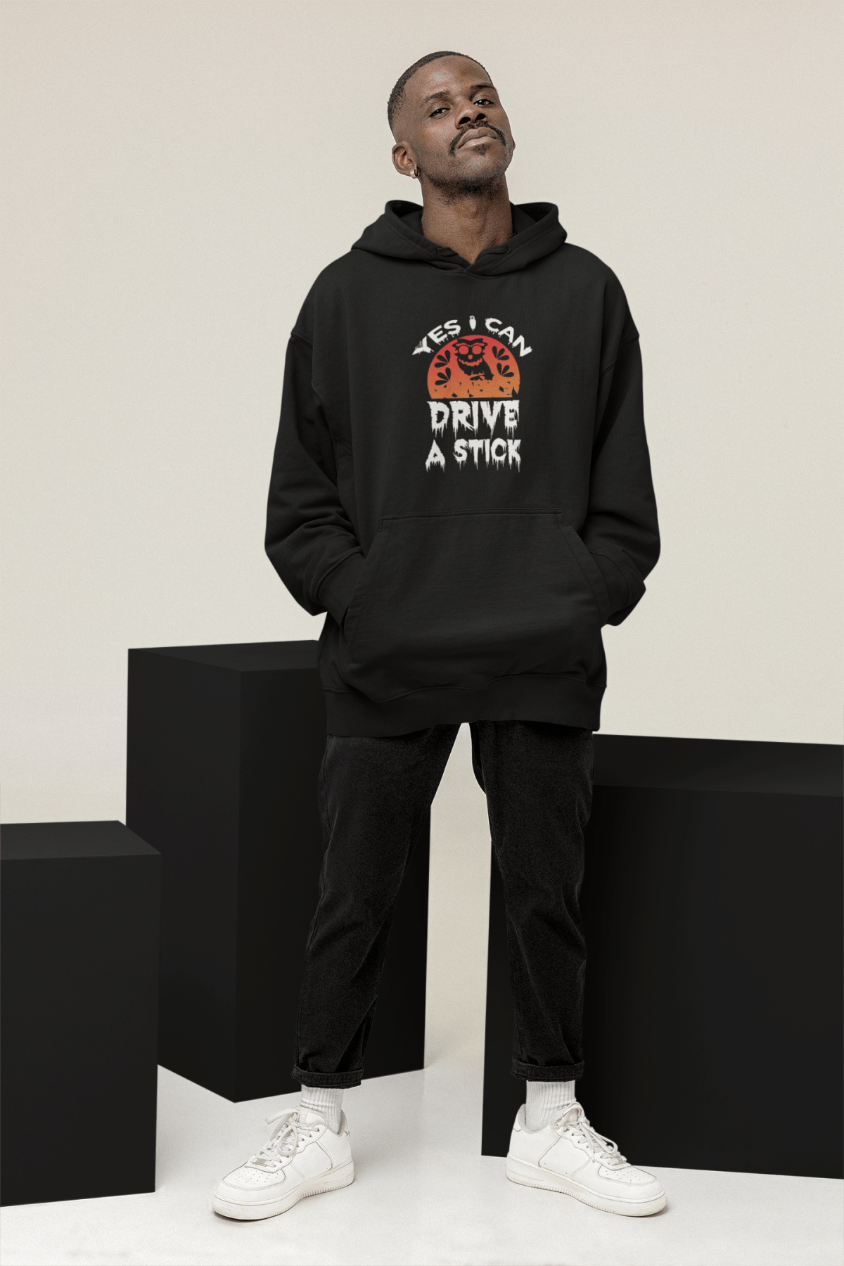 Kapüşonlu Oversize Siyah Sweatshirt - Baskılı Hoodie - Yes I Can Drive - S Beden