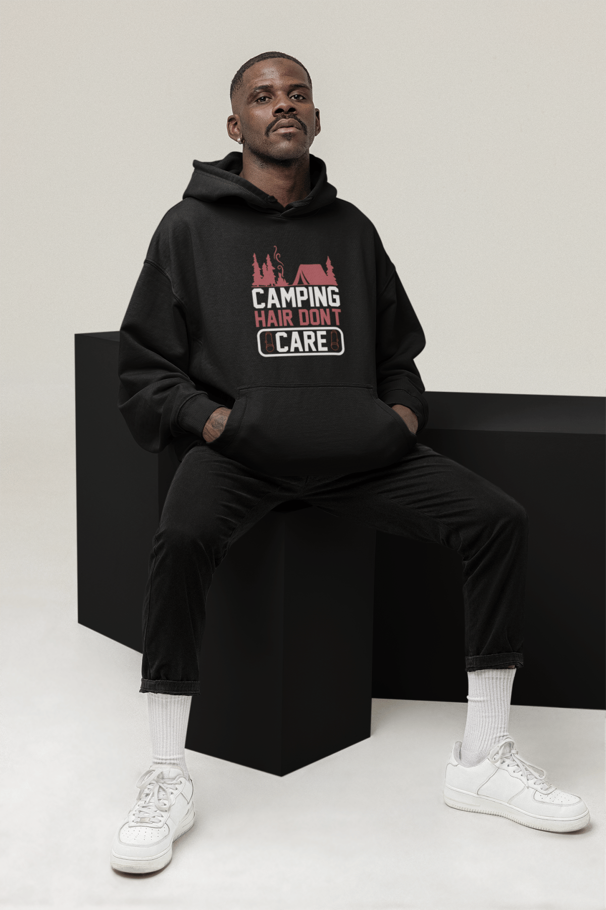 Kapüşonlu Oversize Siyah Sweatshirt - Baskılı Hoodie - Camping Hair Dont Care - S Beden