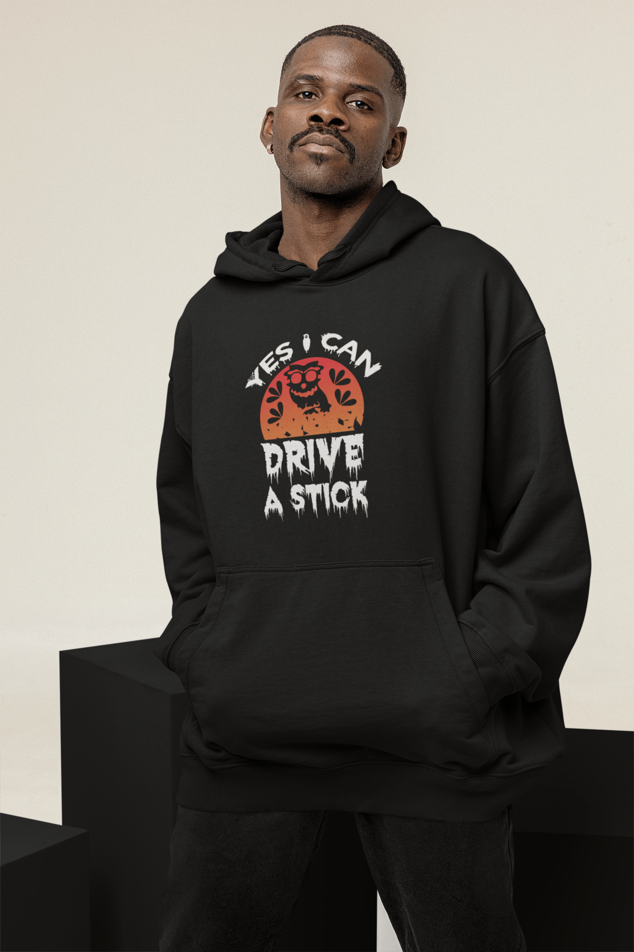 Kapüşonlu Oversize Siyah Sweatshirt - Baskılı Hoodie - Yes I Can Drive - S Beden