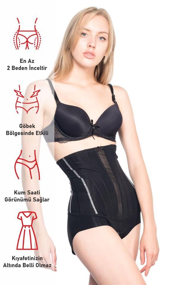 Siyah Emay 2886 Yüksek Bel Tül Slip Lazer Korse