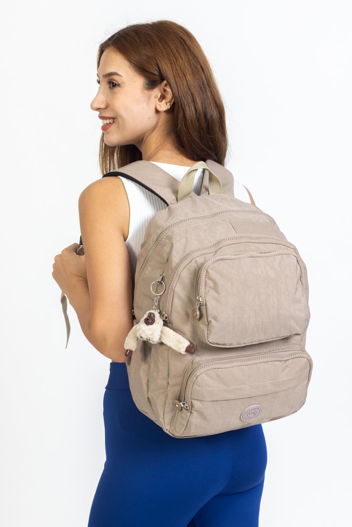 Unisex Krinkıl Kumaş Sırt Çantası Okul Çantası  Seyahat Çantası Su Geçirmez Spor Çantası Vizon
