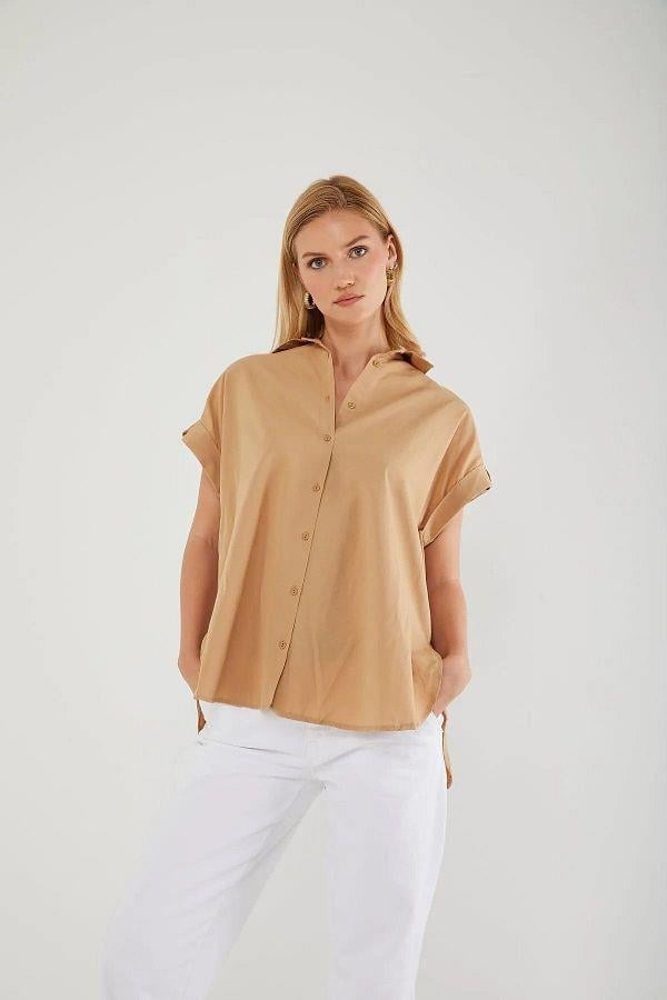 3967 Kadın Apoletli Kısa Kol Oversize Gömlek Vizon