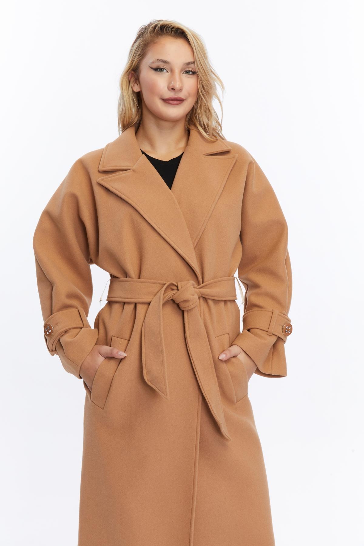 Kadın Kolu Tokalı Kaşe Oversize Uzun Kaban CAMEL