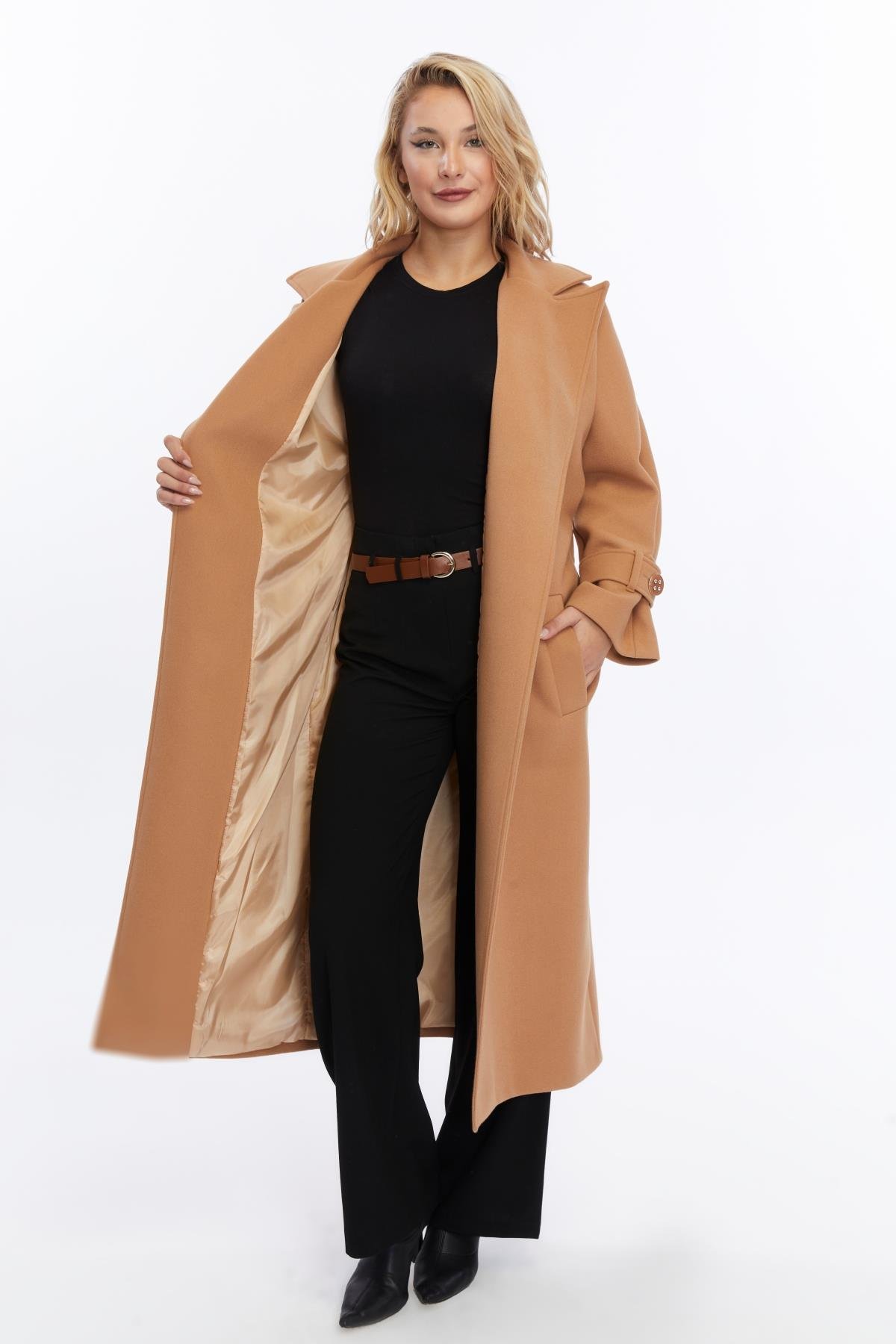 Kadın Kolu Tokalı Kaşe Oversize Uzun Kaban CAMEL