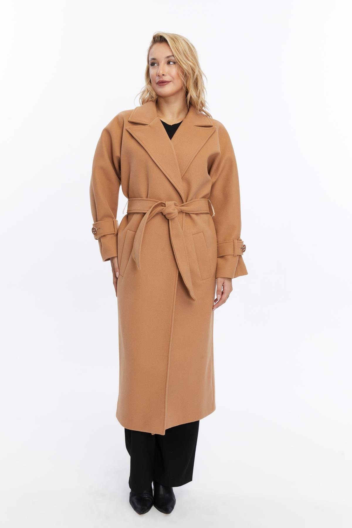 Kadın Kolu Tokalı Kaşe Oversize Uzun Kaban CAMEL