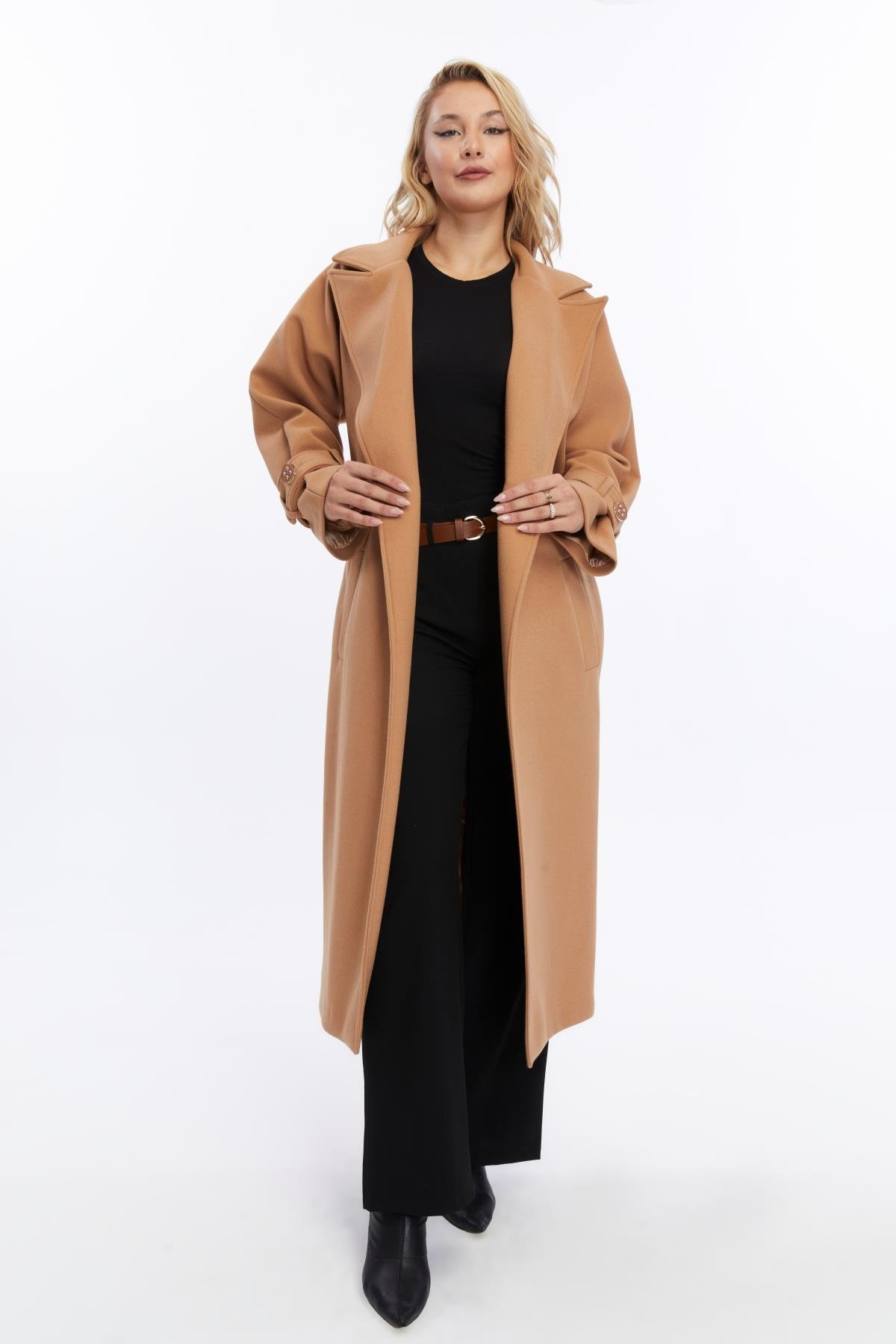Kadın Kolu Tokalı Kaşe Oversize Uzun Kaban CAMEL