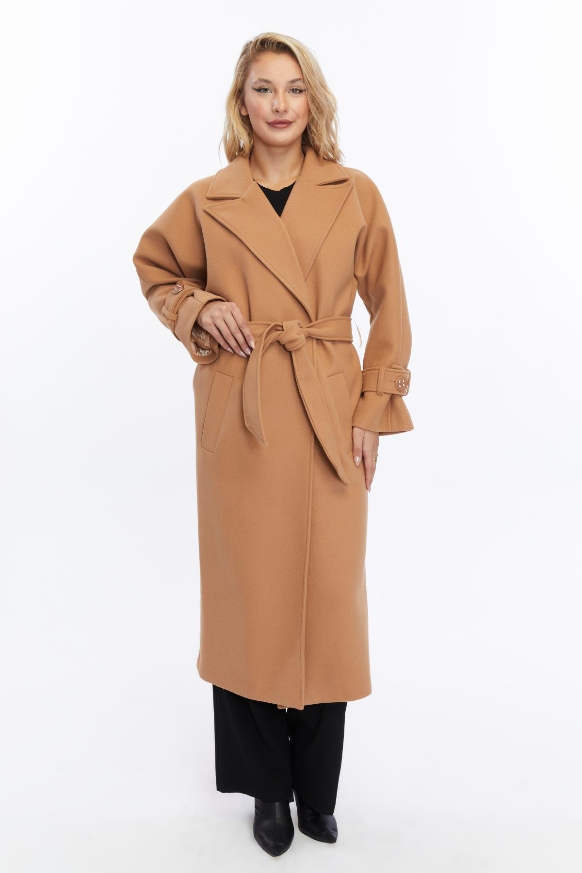 Kadın Kolu Tokalı Kaşe Oversize Uzun Kaban CAMEL