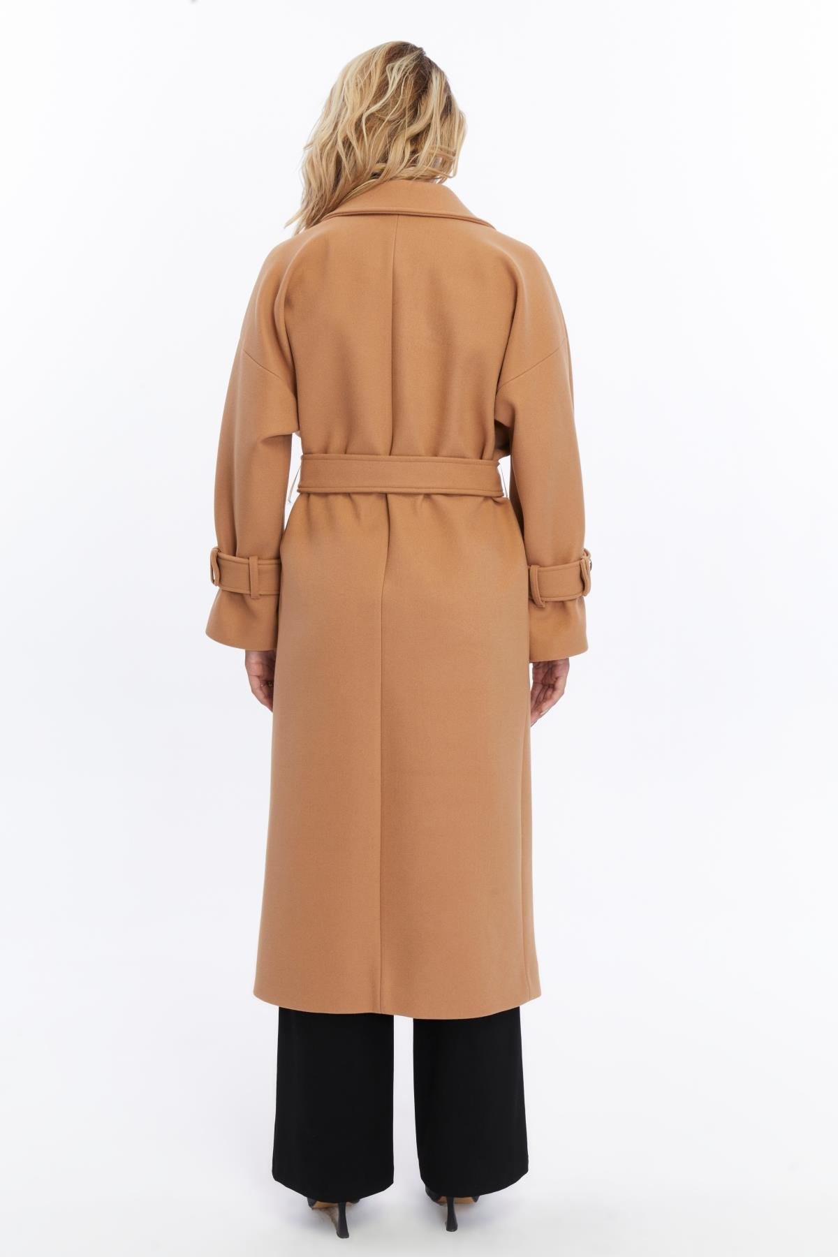 Kadın Kolu Tokalı Kaşe Oversize Uzun Kaban CAMEL