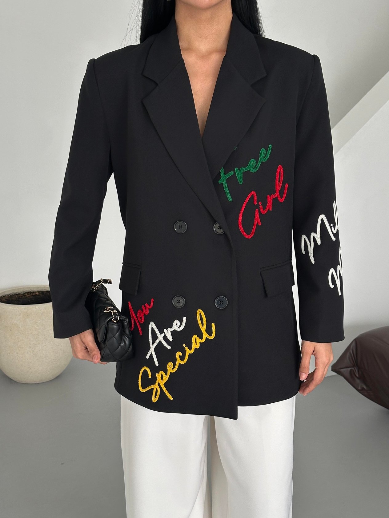 Kadın Nakış Figürlü Blazer Spor Ceket Siyah