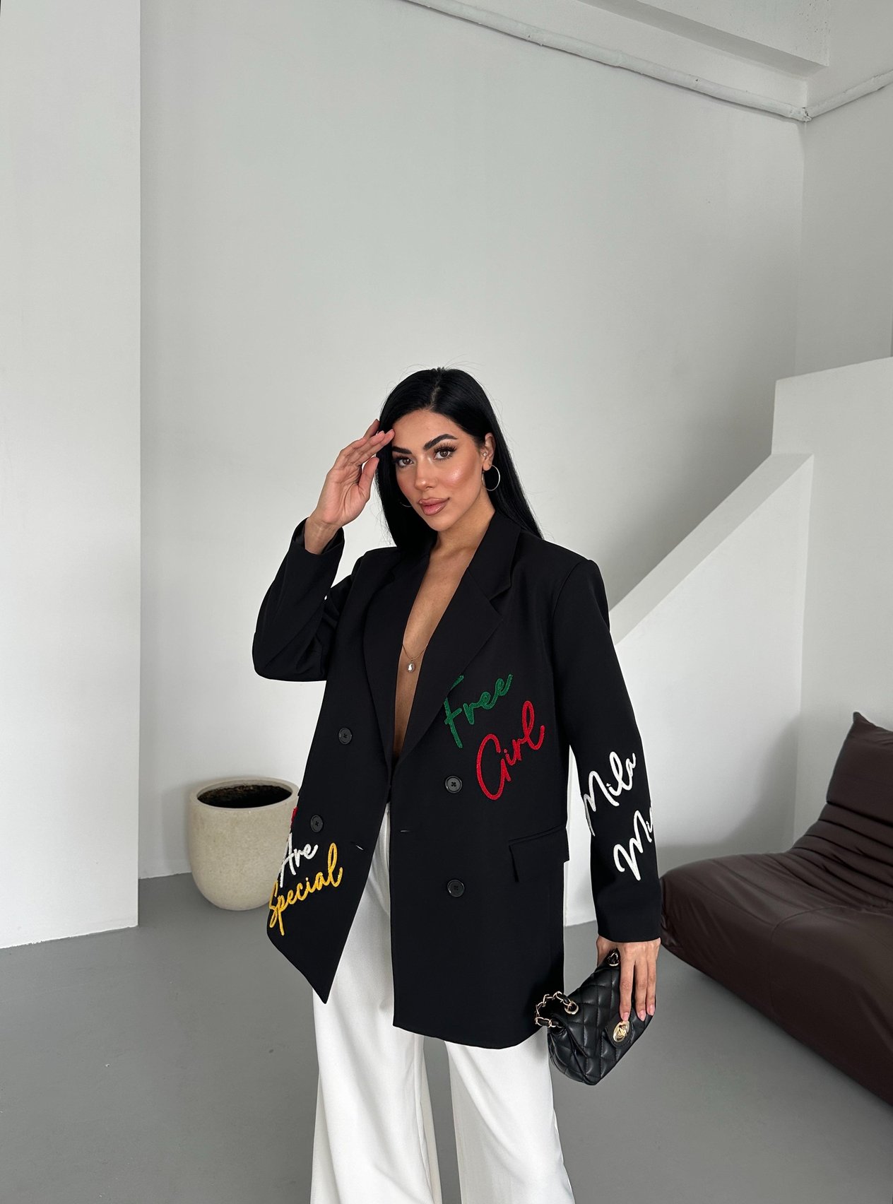 Kadın Nakış Figürlü Blazer Spor Ceket Siyah