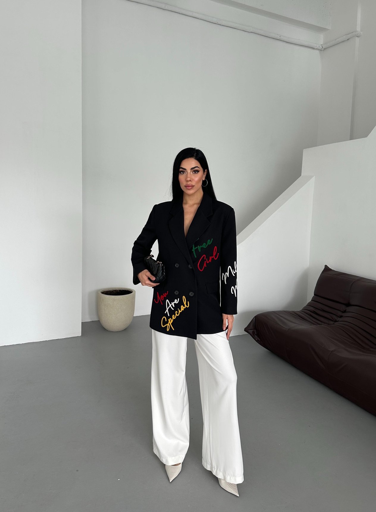 Kadın Nakış Figürlü Blazer Spor Ceket Siyah